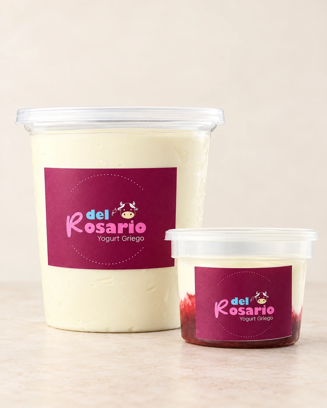 Presentaciones de Del Rosario Yogurt Griego de 1 litro y 6 oz, con su etiqueta original